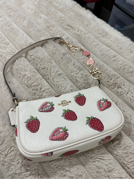 Coach Handbags - Coach White Leather Shoulder Bag with Pink Strawberry Print and Gold Hardware